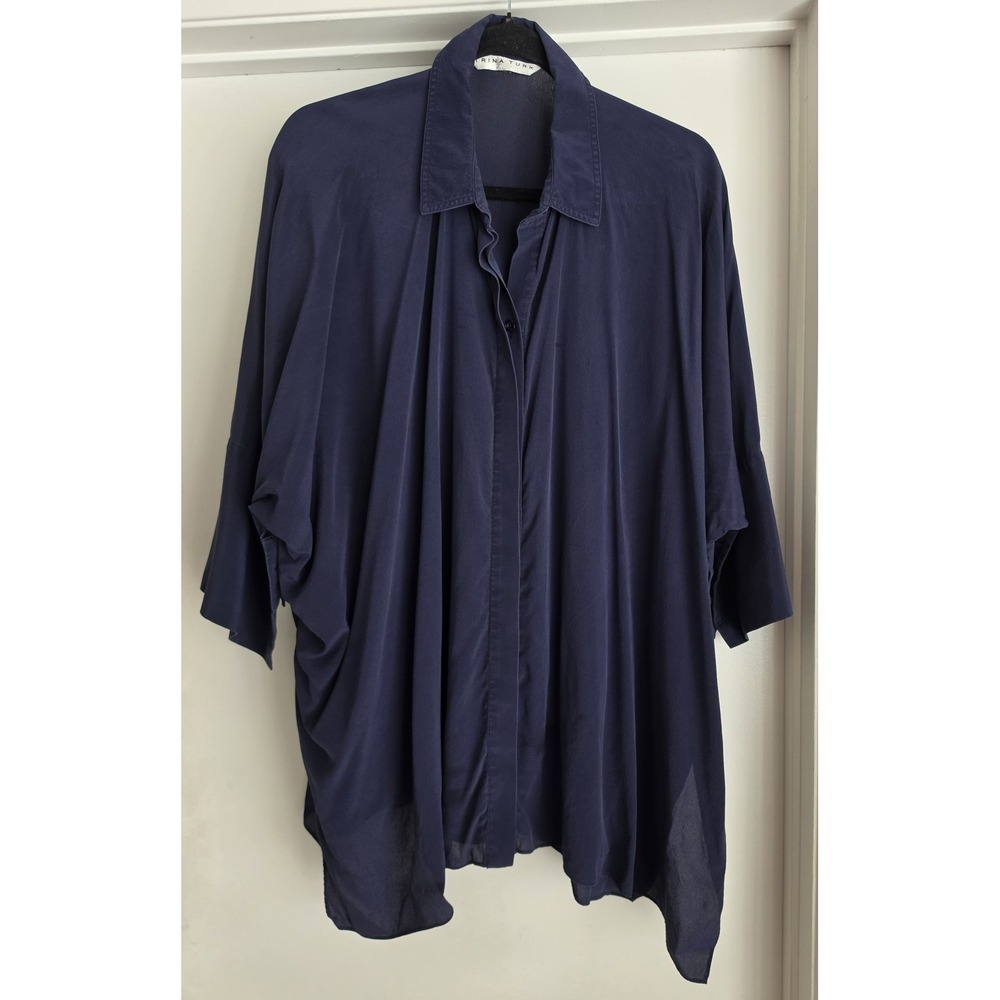 Trina Turk Silk Blouse 3/4 Sleeve Navy Blue Collared Top Shirt Tunic